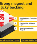 Sticky Magnetic Squares With Adhesive Backing 110 Pieces For Whiteboards And Fridges showing layers and dimensions.