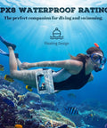 Snorkeler using Waterproof Phone Pouch Fanny Pack IPX8 With Floating Dry Bag underwater surrounded by colorful fish.