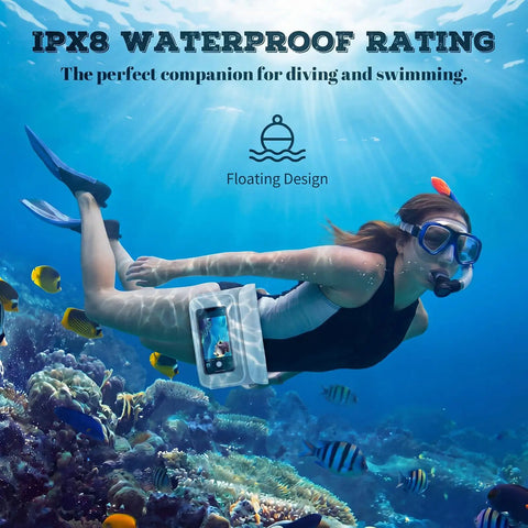 Snorkeler using Waterproof Phone Pouch Fanny Pack IPX8 With Floating Dry Bag underwater surrounded by colorful fish.