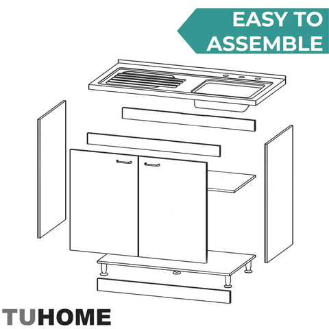 Exploded view of Utility Sink Base Cabinet With Integrated Stainless Steel Countertop Freestanding Cabinet With Double Doors And Built In Sink Heavy Duty Storage And Easy Cleanup With Ample Interior Shelf, showing assembly parts.