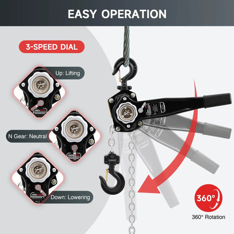 Lever Chain Hoist One And One Half Ton Capacity 3300 Lb Manual Chain Hoist With Ten Ft Lift G80 Galvanized Chain and dial settings