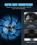 4-blade aluminum fan for rapid heat dissipation with mesh air vents for effective cooling in appliances.