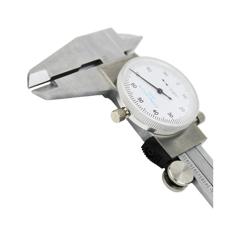 4-Way Imperial Dial Caliper 0-6 Inch Carbon Steel Built Tough Shock Proof with white dial and measurement jaws visible