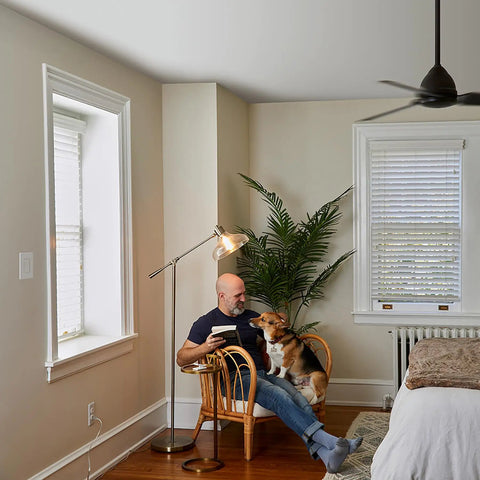 Living room with a ceiling fan using Smart Fan Speed Control Wall Switch For Ceiling Fans Four Speeds Plus Off No Pull Chain