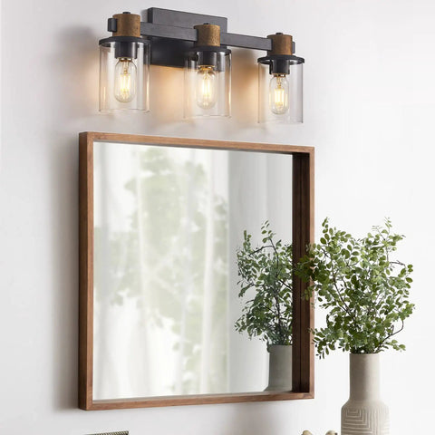 Cozy Farmhouse Vanity Light Fixture 3 Light Wall Sconce Over Mirror With E26 Base Rustic Vintage Style Matte Black Metal Frame And Distressed Faux Wood Finish
