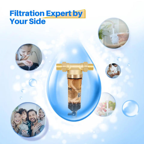 40 Micron Spin Down Sediment Filter For Whole House Water System with easy turn chamber and filtration benefits showcased in circles