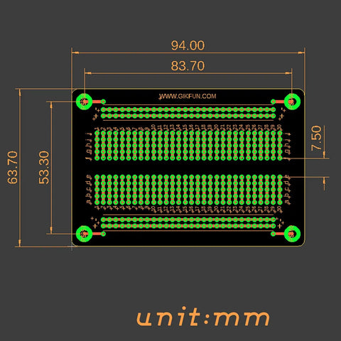 Gold Plated Solderable Breadboard Proto Board For Arduino And Raspberry Pi Projects, dimensions in mm, Pack Of Five GK1007