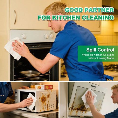 Cleanroom wipes 9x9 in, 300 pcs, cellulose/polyester blend, lint-free; shown cleaning oven, microwave, and range.