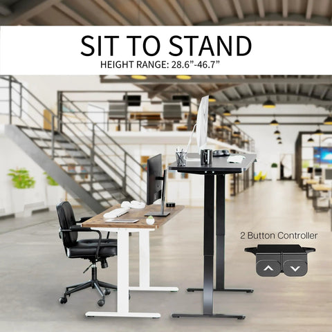 Vivo Black Height Adjustable Standing Desk 71x30 Inch Electric Sit Stand Workstation with dual button controller in modern office setting.
