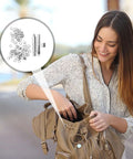 Woman holding bag with 10mm Steel Eyelet Punch Tool And Base Kit With 100 Silver Eyelets for DIY leathercraft accessories installation