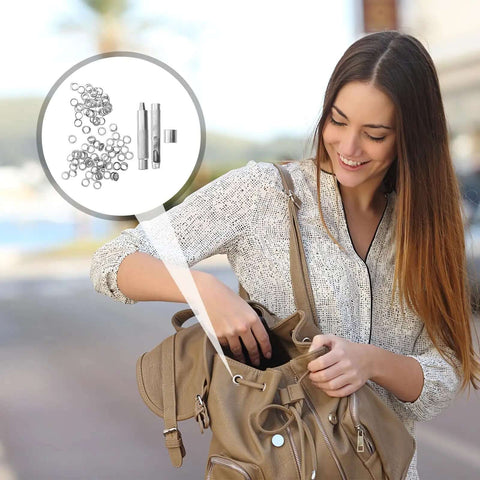 Woman holding bag with 10mm Steel Eyelet Punch Tool And Base Kit With 100 Silver Eyelets for DIY leathercraft accessories installation
