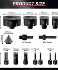 Heavy Duty 14 Piece Diamond Core Drill Bit And Hole Saw Kit With Quick Drop Core Extractor For Concrete Masonry Work showing sizes and shank types.