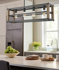 34 Inch Four Light Farmhouse Kitchen Island Pendant Light With Linear Rectangle Chandelier In Smoked Birch Finish for Modern Rustic Kitchens And A Barnhouse Vibe Over Kitchen Islands And Breakfast Bars, hanging above a kitchen island.