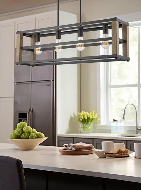 34 Inch Four Light Farmhouse Kitchen Island Pendant Light With Linear Rectangle Chandelier In Smoked Birch Finish for Modern Rustic Kitchens And A Barnhouse Vibe Over Kitchen Islands And Breakfast Bars, hanging above a kitchen island.