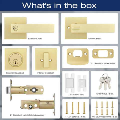 Smooth Satin Brass Door Handleset With Single Cylinder Deadbolt Reversible For Right Or Left Swing Easy Keyed Square Deadbolt Lock Set contents displayed