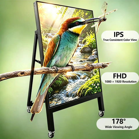43 Inch Indoor Digital Signage Display Portable Lcd Menu Board Showcasing Next Level Full Hd Clarity And Wide Angle Viewing with a colorful bird image.