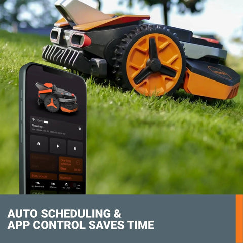 Landroid Vision Robotic Lawn Mower With AI Deep Learning HDR Camera and smartphone app control on a grassy lawn