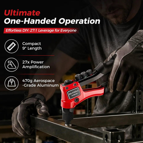 No Brainer One Hand Pop Rivet Gun With Quick Swap Nosepiece And Lockdown Storage Built For Rough Auto Fabrication And Sheet Metal Repair That Seriously Saves Your Wrists, shown in red with a close-up grip.