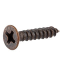 Badass Gauge 5 X 5 Eighth Inch Flat Head Wood Screw with Phillips Drive Antique Copper Finish, self-tapping, side view.
