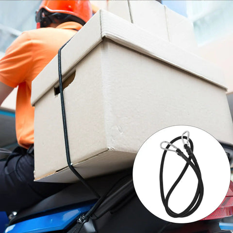 Close-up of One Meter Motorcycle Luggage Strap Bungee Cord With Carabiner Hooks securing a box on a motorcycle