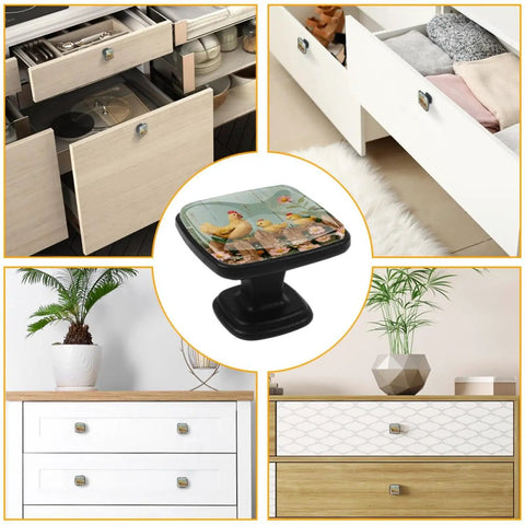 Collage showing four pack square drawer knobs with spring flower chickens fence design in black, installed on various cabinets and drawers.