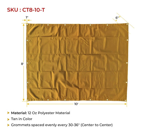 8 By 10 Tan Canvas Tarp, 12oz Heavy Duty Polyester, Water Resistant And Breathable, Double Stitched Seams, flat with dimensions shown