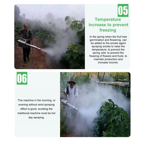 Person using Portable Pulse Water Mist Fogger Electric Sprayer With 15L Stainless Steel Tank in a greenhouse and field.
