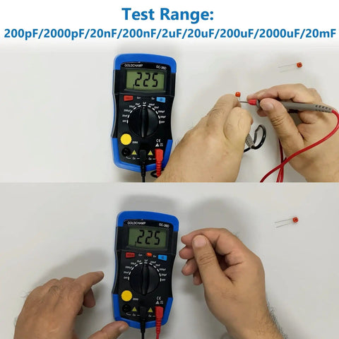 Person testing resistor with Capacitor Tester And Digital Multimeter Capacitance Meter 200pF To 20mF Handheld, two units shown