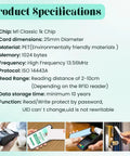 Product specifications for 20 Pack 1 Inch Round 13.56MHz RFID M1 S50 Tags Adhesive Stickers for access control and inventory tracking.