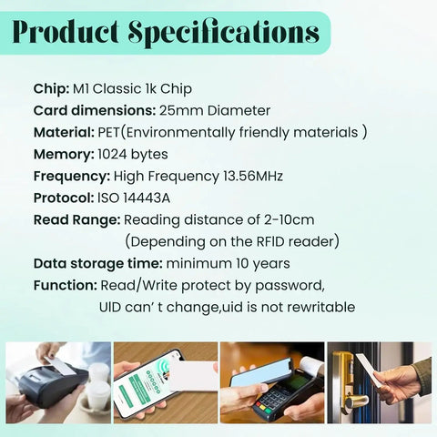 Product specifications for 20 Pack 1 Inch Round 13.56MHz RFID M1 S50 Tags Adhesive Stickers for access control and inventory tracking.