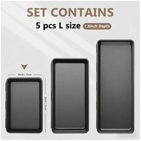 Set of 5 black tray organizers in large size included in 32 Piece Tool Box Organizer Tray Divider Set For Desk Drawers And Garage Storage