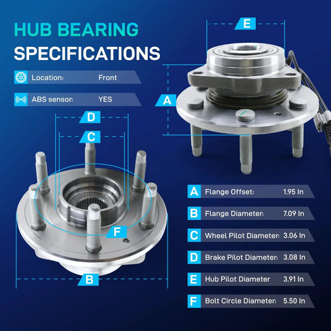 Front Wheel Bearing And Hub Assembly For 2007 To 2014 Cadillac Escalade ESV EXT 4WD AWD And 2007 To 2013 Avalanche Silverado 1500 Suburban 1500 Tahoe Heavy Duty Front Hub Replacement specifications diagram