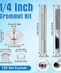 Durable Quarter Inch Grommet Kit With Tool Set Of 120 Metal Eyelets And Punch Tools, detailed size measurements displayed.