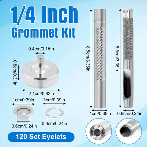 Durable Quarter Inch Grommet Kit With Tool Set Of 120 Metal Eyelets And Punch Tools, detailed size measurements displayed.