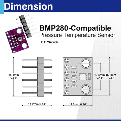 Dimensions of Six Pack Atmospheric Pressure Sensor Modules with BMP280 compatibility for Arduino projects.
