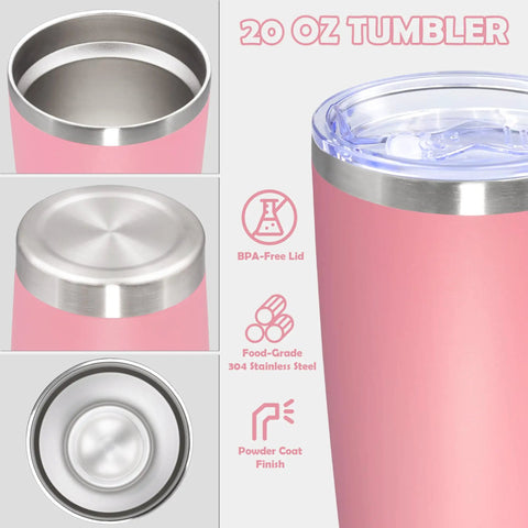 20 Ounce Stainless Steel Tumbler With Secure Lid Pink Insulated Coffee Cup showing BPA-free lid and powder coat finish.