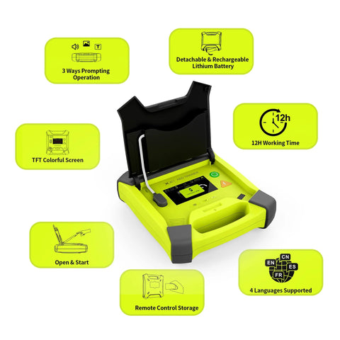 Front view of lime-green XFT-120G AED trainer with open lid and TFT color screen.