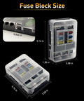 Dimensions of a 12V 6 Way Fuse Block With Relay For Marine And RV Applications, showing various views and measurements.