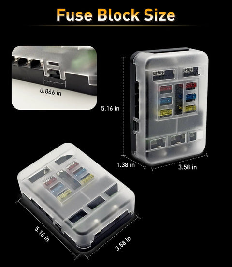 Dimensions of a 12V 6 Way Fuse Block With Relay For Marine And RV Applications, showing various views and measurements.