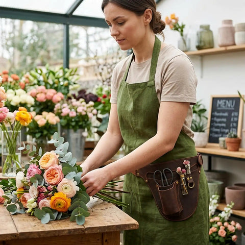 Florist arranging flowers wearing genuine leather florist tool belt gardening bag for gardeners and DIY pros with 3 pockets waist pouch holster brown leather 42 inches belt for gardening farm and workshop use.