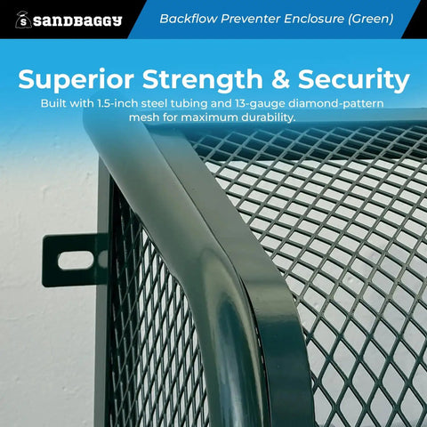 Rock Solid 24x24x12 Wall Mount Backflow Security Cage Heavy Duty Green Steel Enclosure close-up of steel tubing and mesh design.