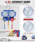 Straight Up Heavy Duty 3.5 CFM 1/4 HP 110V Single Stage AC Vacuum Pump And Gauge Set Kit featuring blue dual dial gauges and color-coded hoses.