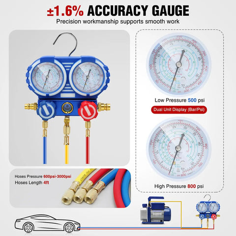 Straight Up Heavy Duty 3.5 CFM 1/4 HP 110V Single Stage AC Vacuum Pump And Gauge Set Kit featuring blue dual dial gauges and color-coded hoses.