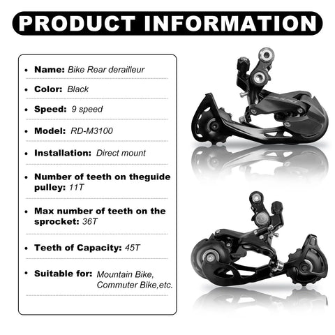 Image of 9 Speed Rear Derailleur For Mountain And Commuter Bikes Direct Mount RD M3100 GS With 45T Capacity specifications.