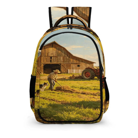 Summer Working Farm Landscape Printed Unisex Backpack With Large Capacity featuring barn and field scene