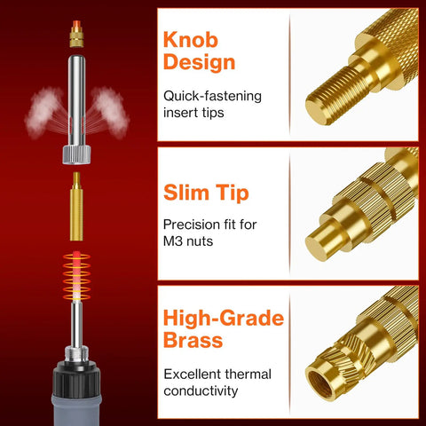 Heat Set M3 Threaded Inserts Kit With 60W Digital Soldering Iron showing knob design, slim tip, high-grade brass features
