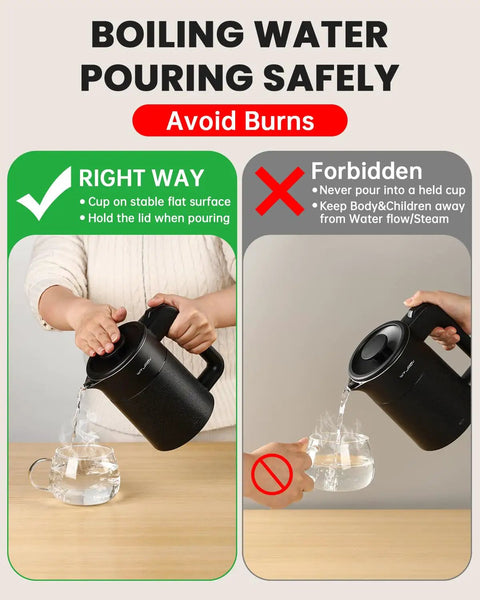 Instructions for using Grab And Go 0.6L Electric Kettle For Travel Ultralight 1.34lb 600W Fast Boil safely, showing correct and incorrect pouring.