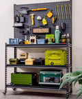 Heavy Duty Pegboard Display Stand With Rollin Wheels, Three Tier Garage Storage Rack For Tools Hardware And Workshop Organizing, Super Tough Black Metal Shelf with tools and storage bins.