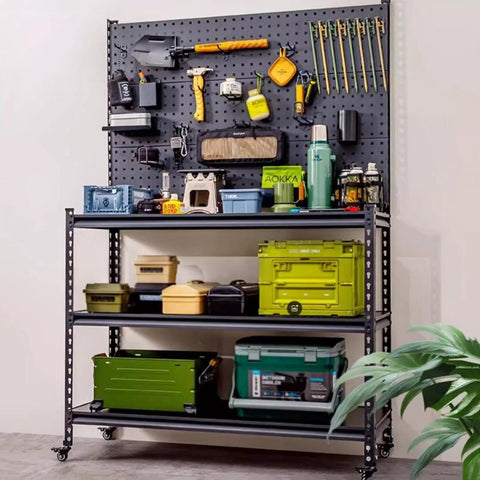 Heavy Duty Pegboard Display Stand With Rollin Wheels, Three Tier Garage Storage Rack For Tools Hardware And Workshop Organizing, Super Tough Black Metal Shelf with tools and storage bins.