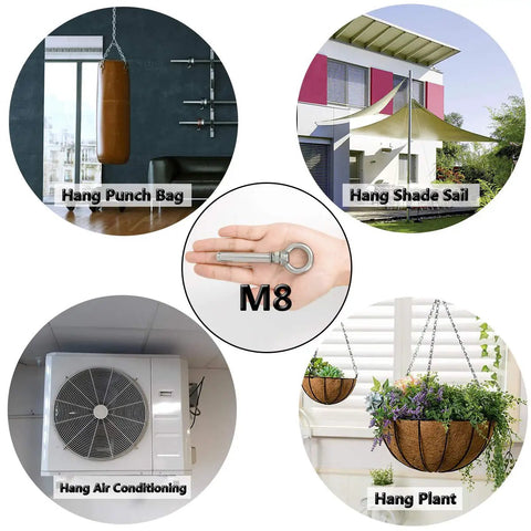 Heavy Duty Stainless Steel Eyebolts For Concrete And Masonry Mounting With Expansion Anchors M8 used for securing punch bags, shade sails, air conditioning, and hanging plants.